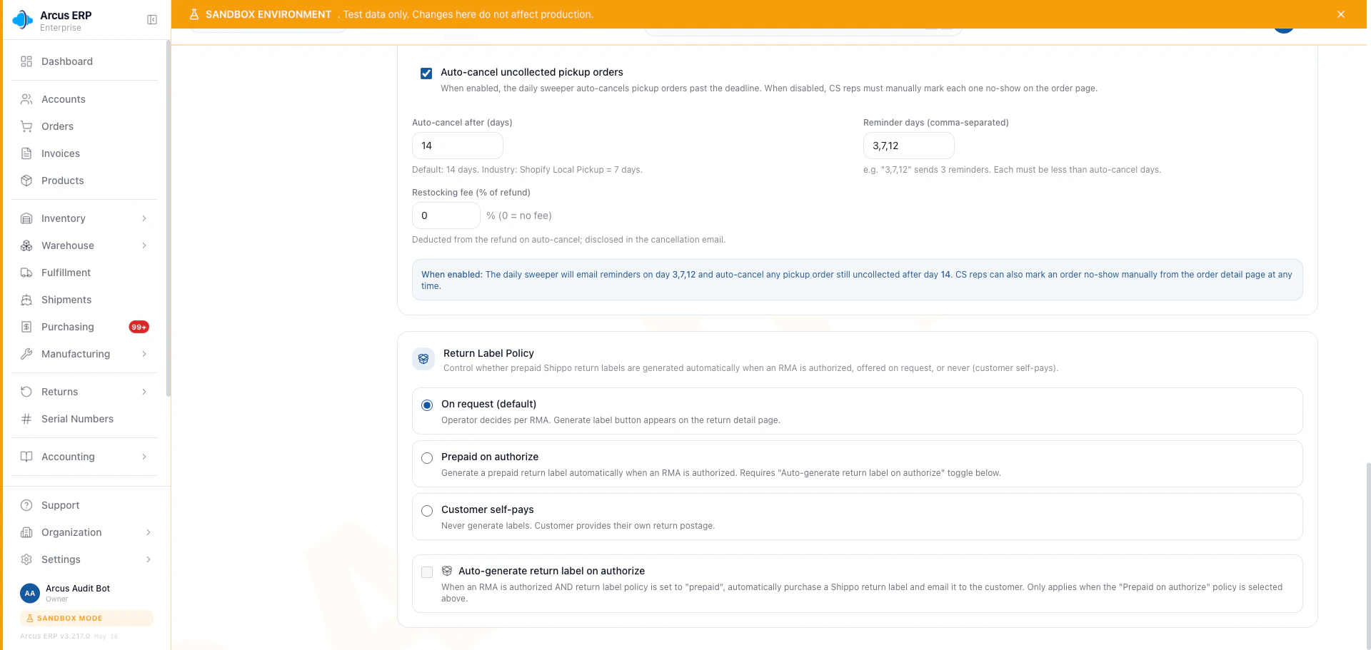 Order Workflow settings page with the Pickup Orders block showing the no-show days, reminder days, auto-cancel toggle, and restocking fee field