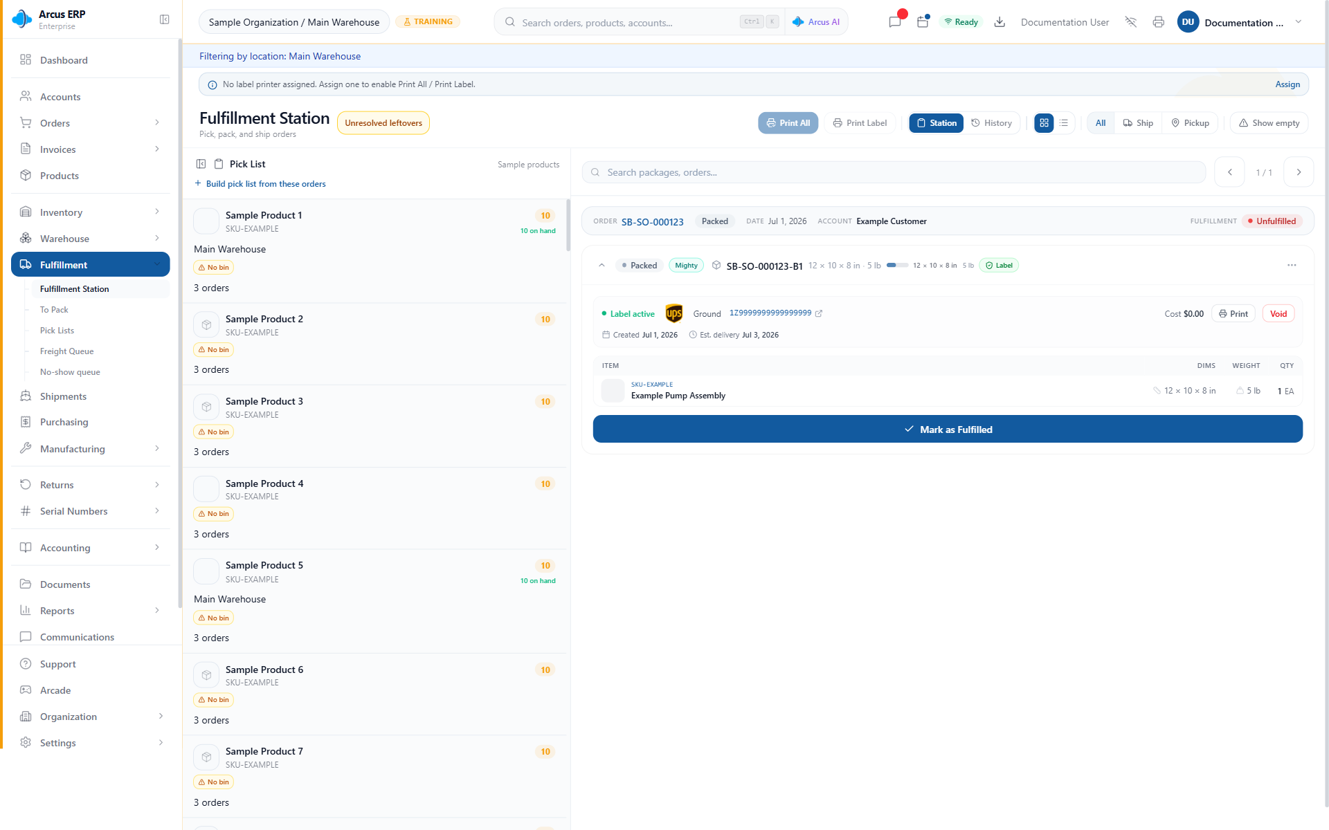 Fulfillment Station with pick list, printer assignment and print controls, package search, active package and label, and fulfillment controls