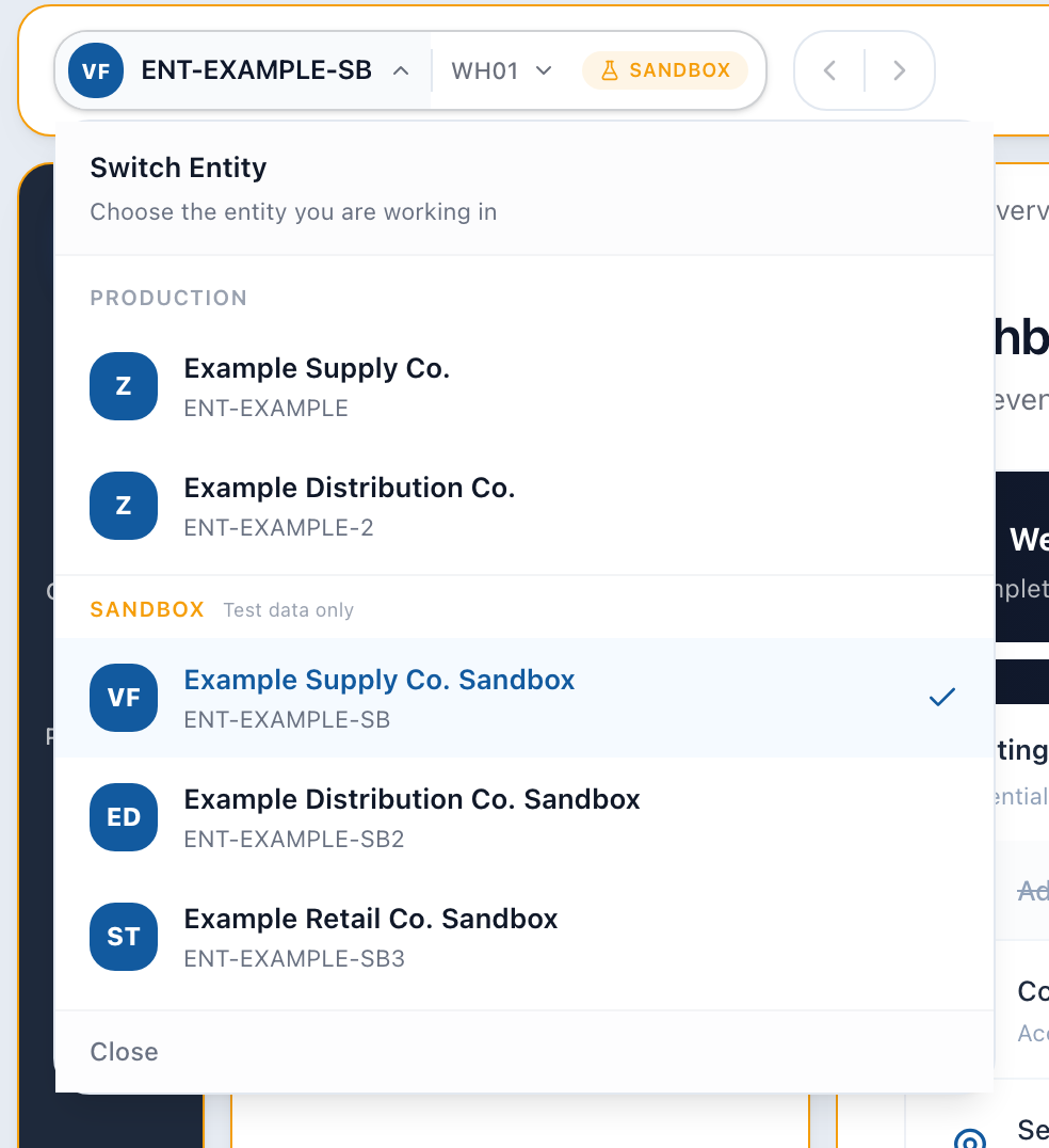 Arcus entity dropdown titled Switch Entity, with a Production group listing two entities and a Sandbox group labeled Test data only listing three, the current entity marked with a check