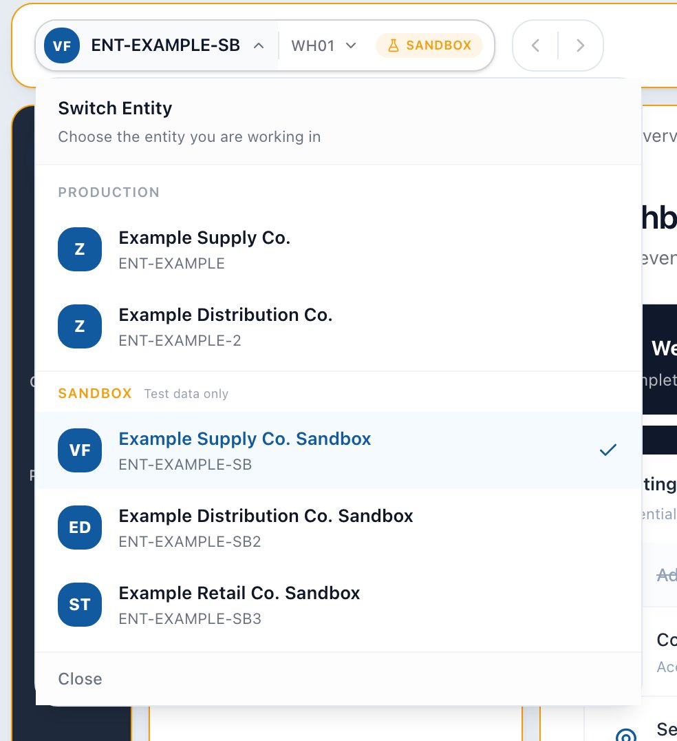 Arcus entity dropdown titled Switch Entity, with a Production group listing two entities and a Sandbox group labeled Test data only listing three, the current entity marked with a check