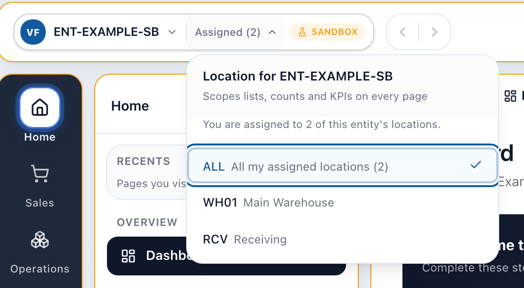 Arcus workspace pill reading Assigned (2) with the location dropdown open, showing the note You are assigned to 2 of this entity's locations, an ALL row reading All my assigned locations (2), and only WH01 Main Warehouse and RCV Receiving listed