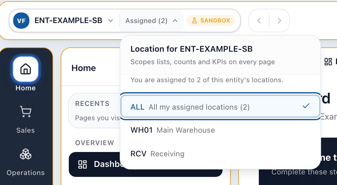Arcus workspace pill reading Assigned (2) with the location dropdown open, showing the note You are assigned to 2 of this entity's locations, an ALL row reading All my assigned locations (2), and only WH01 Main Warehouse and RCV Receiving listed