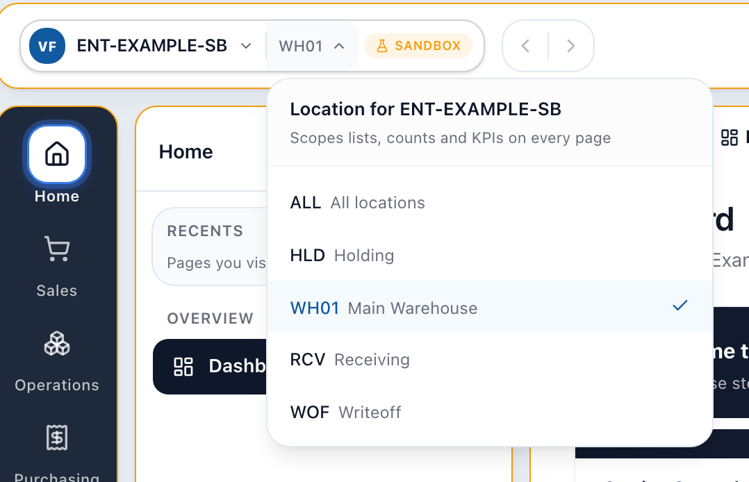 Arcus location dropdown headed Location for ENT-EXAMPLE-SB with the subtitle Scopes lists, counts and KPIs on every page, listing ALL All locations, HLD Holding, WH01 Main Warehouse with a check, RCV Receiving, and WOF Writeoff