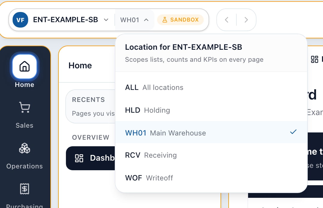 Arcus location dropdown headed Location for ENT-EXAMPLE-SB with the subtitle Scopes lists, counts and KPIs on every page, listing ALL All locations, HLD Holding, WH01 Main Warehouse with a check, RCV Receiving, and WOF Writeoff