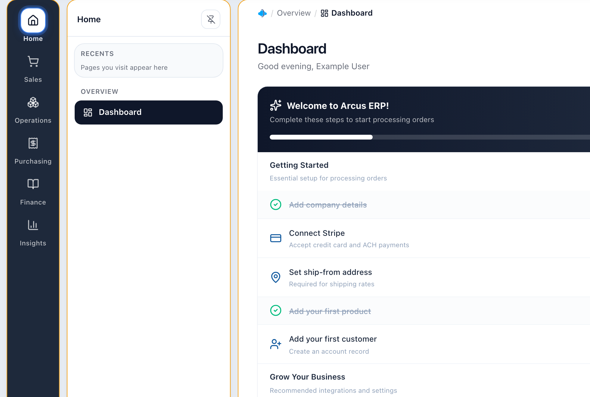 Arcus sidebar navigation with module links for orders, accounts, products, fulfillment, purchasing, accounting, reports, support, and settings