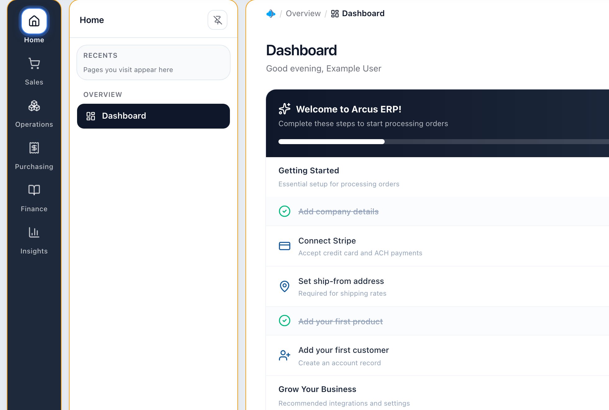 Arcus sidebar navigation with module links for orders, accounts, products, fulfillment, purchasing, accounting, reports, support, and settings