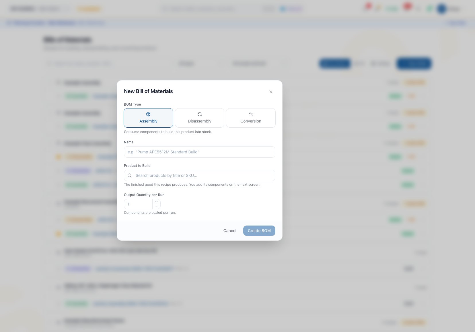 New Bill of Materials modal for an assembly with type, name, Product to Build, and Output Quantity per Run