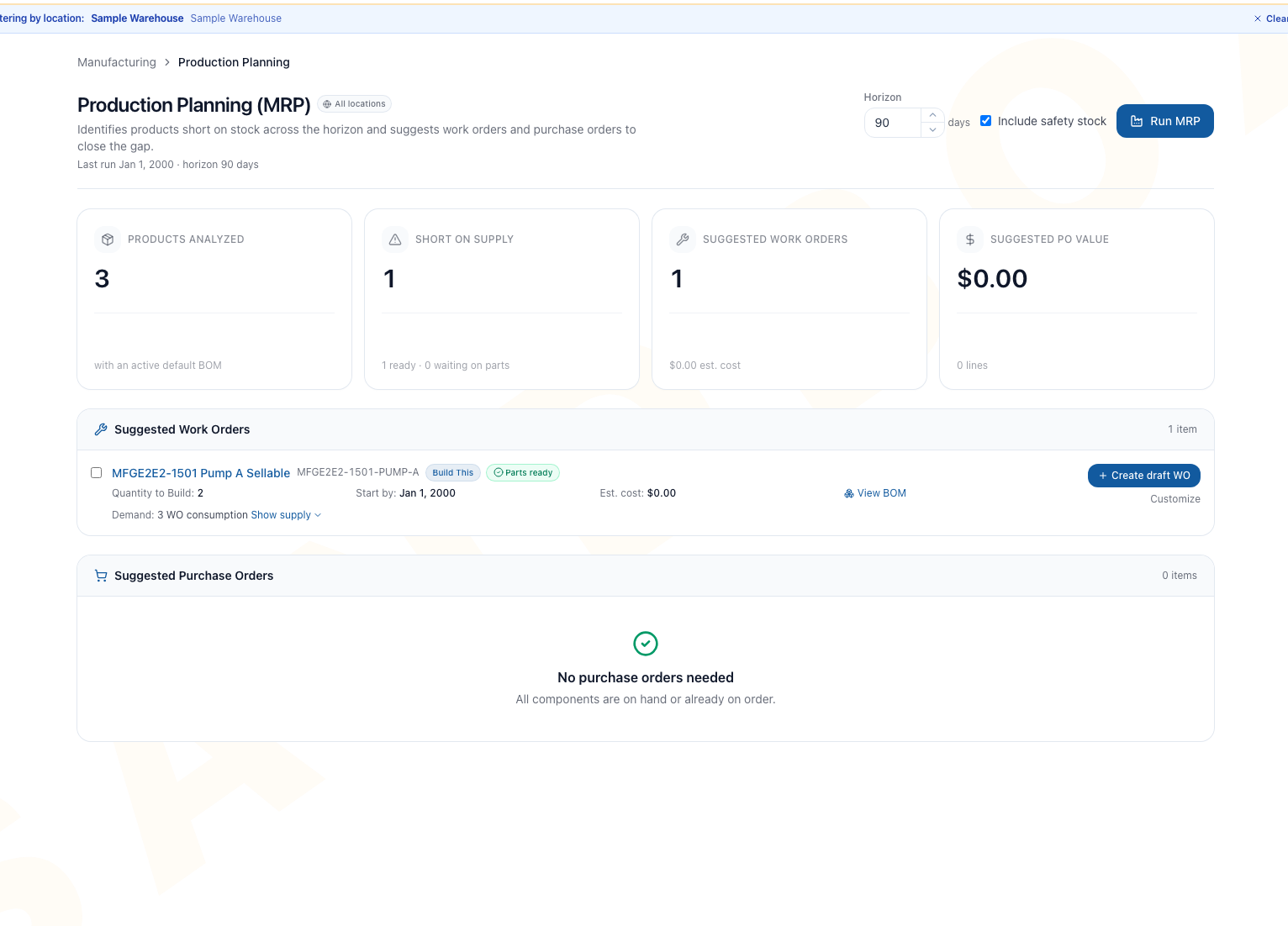Production Planning MRP page with 90-day horizon, Include safety stock option, Run MRP button, summary cards, one suggested work order, and suggested purchase orders section