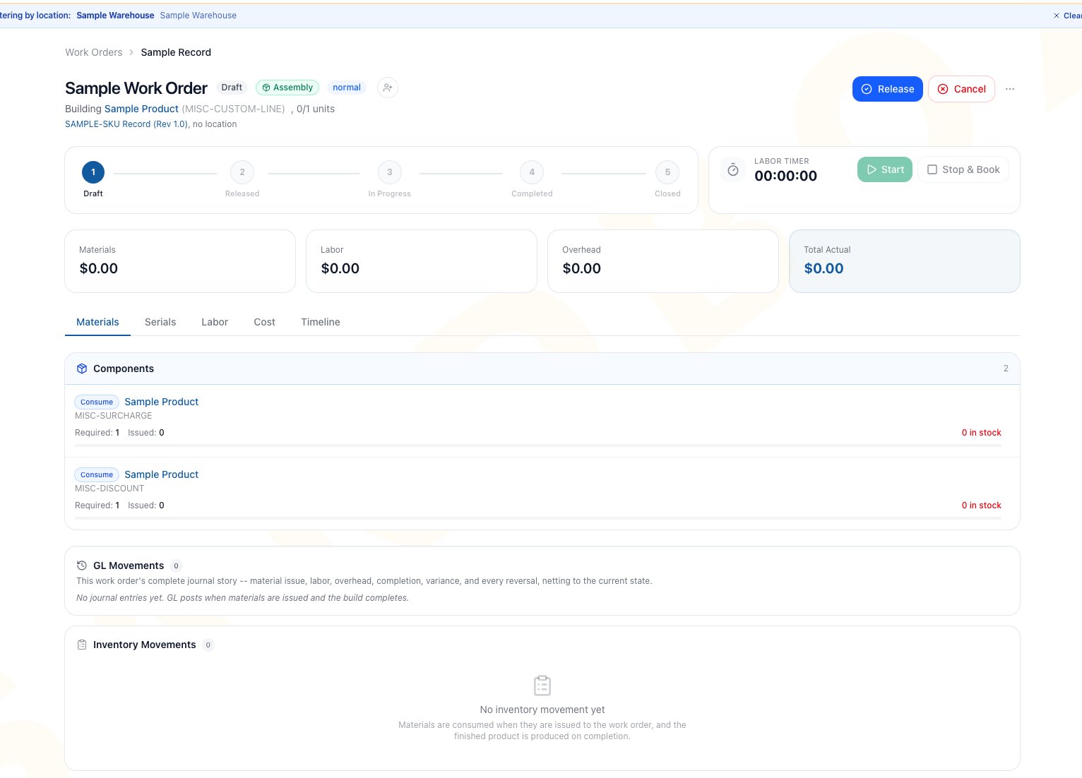 Draft work-order Materials tab with two sample input lines, required and issued quantities, zero stock, cost cards, and empty GL and inventory movements