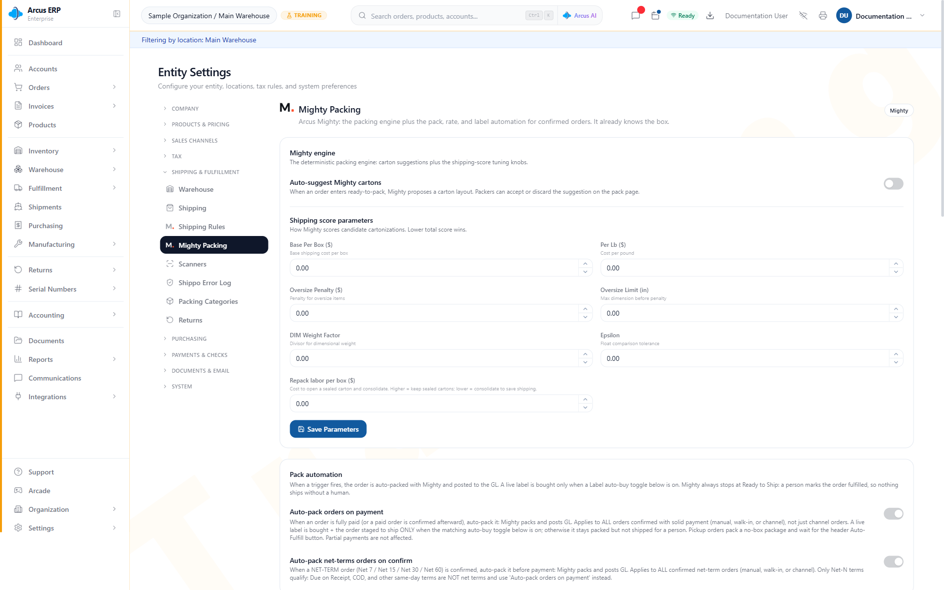 Packing Configuration with carton suggestions, shipping-score parameters, and first pack-automation controls