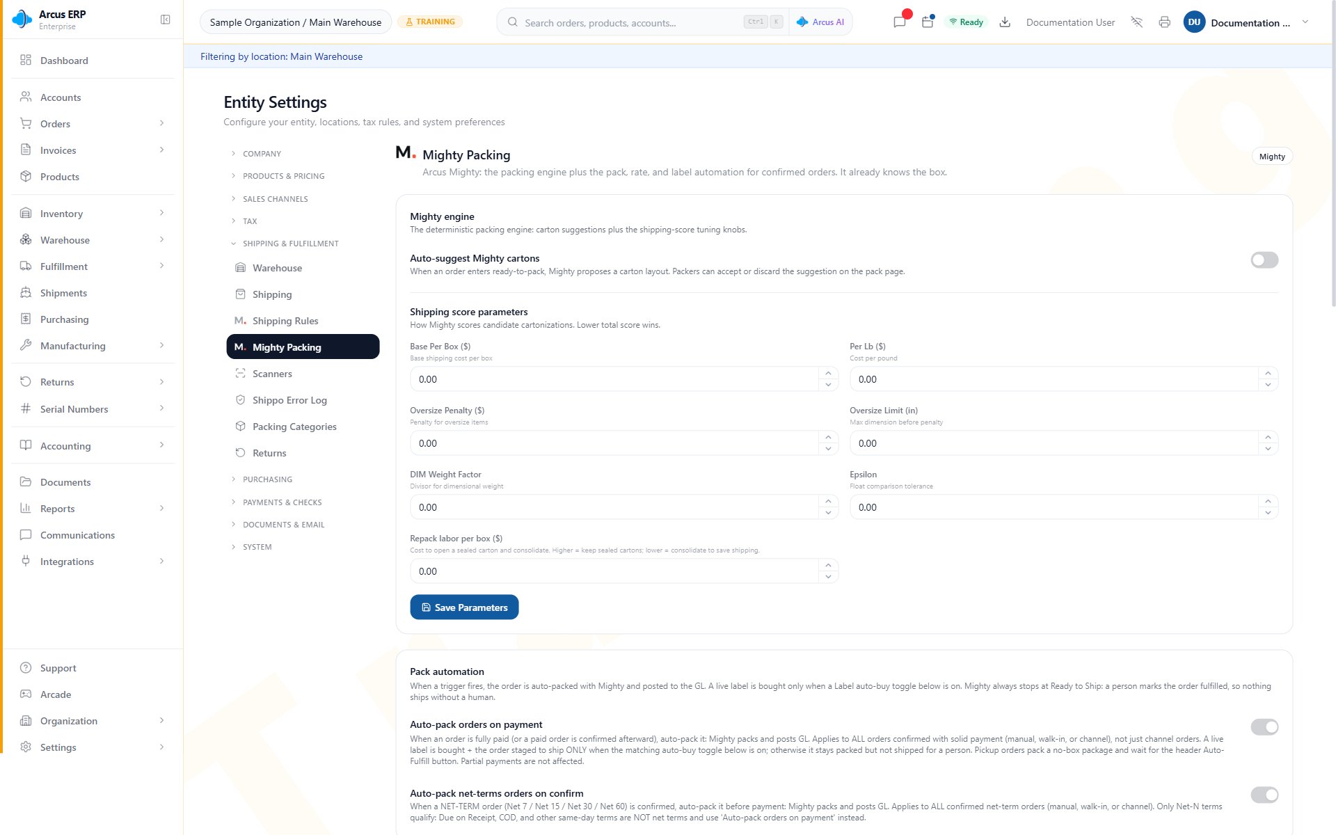 Packing Configuration with carton suggestions, shipping-score parameters, and first pack-automation controls