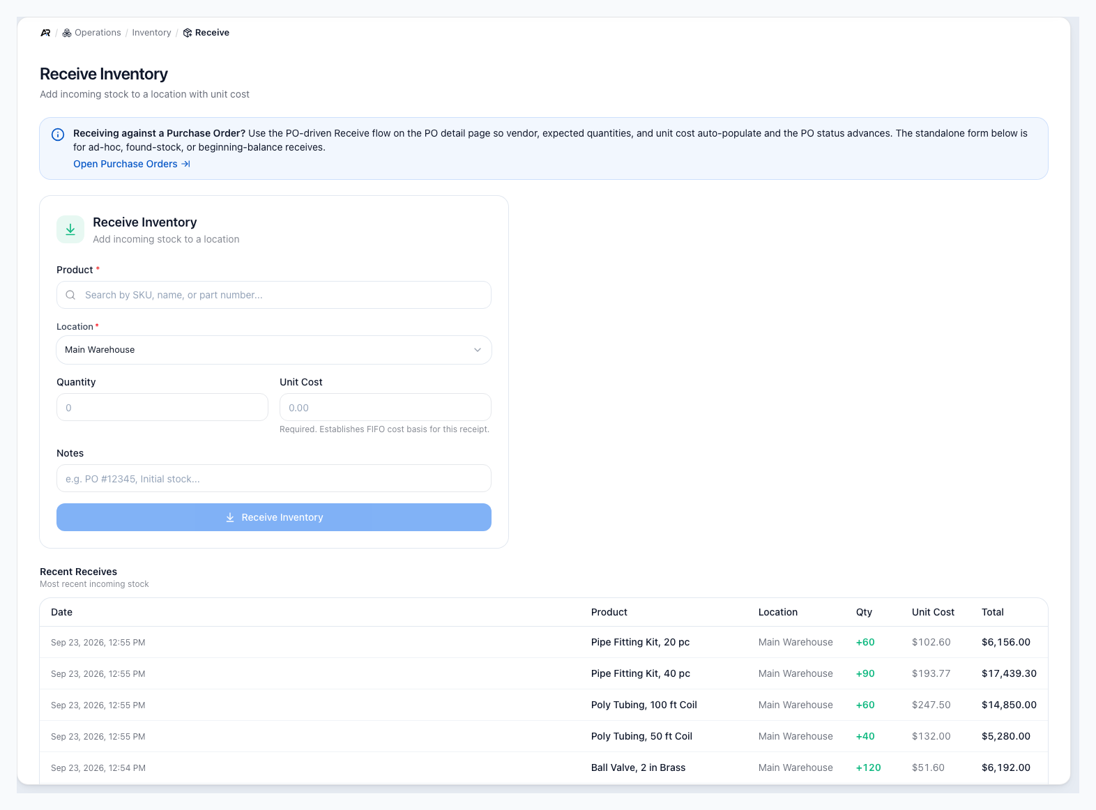 A screenshot of the Receive workbench, on a sample company.