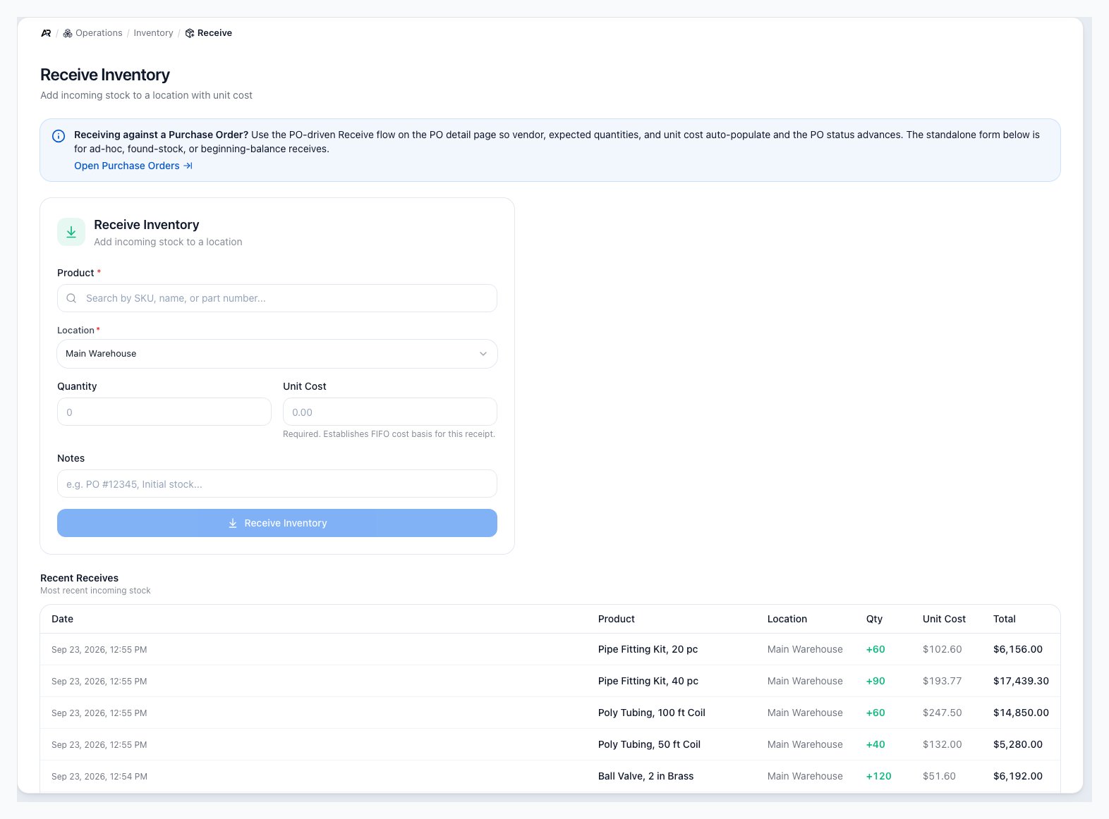 A screenshot of the Receive workbench, on a sample company.