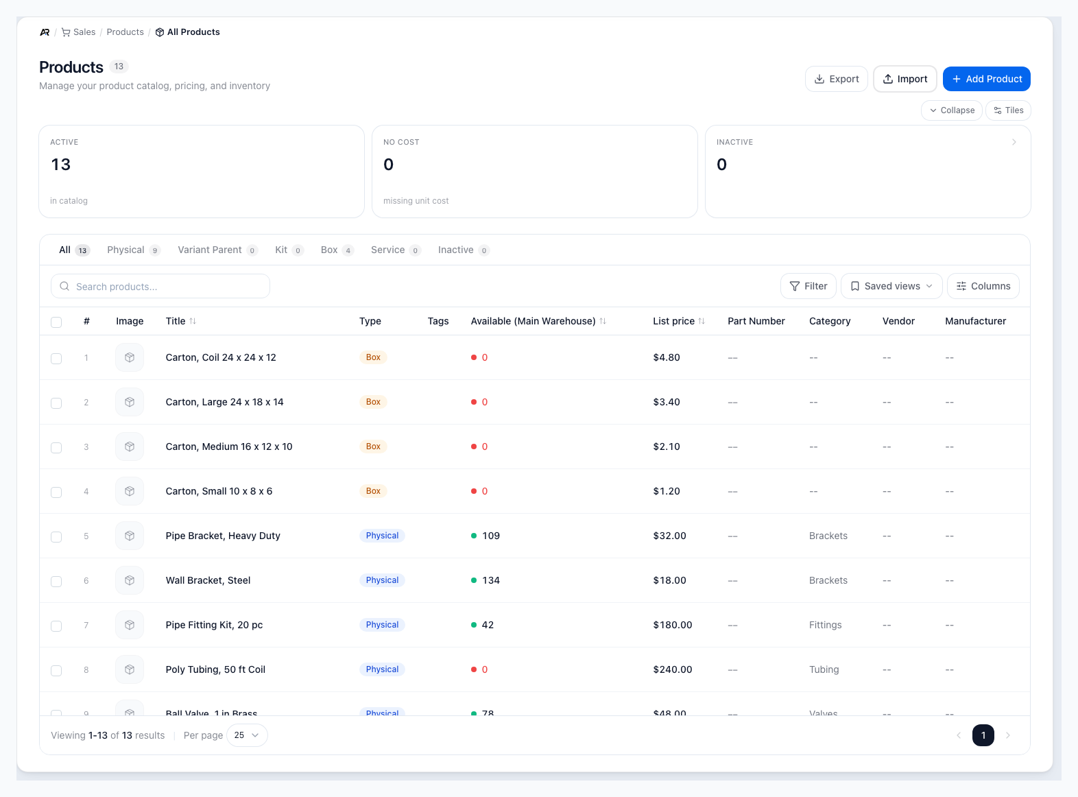 A screenshot of the All Products workbench, on a sample company.