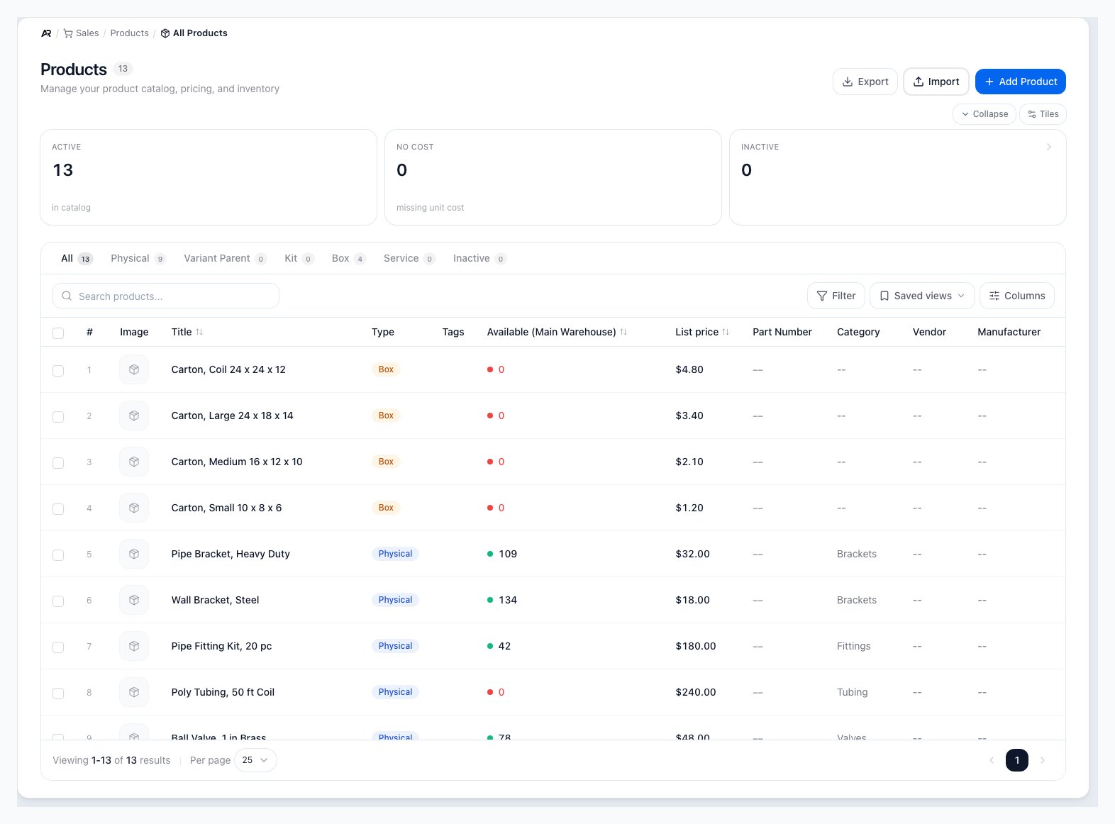 A screenshot of the All Products workbench, on a sample company.