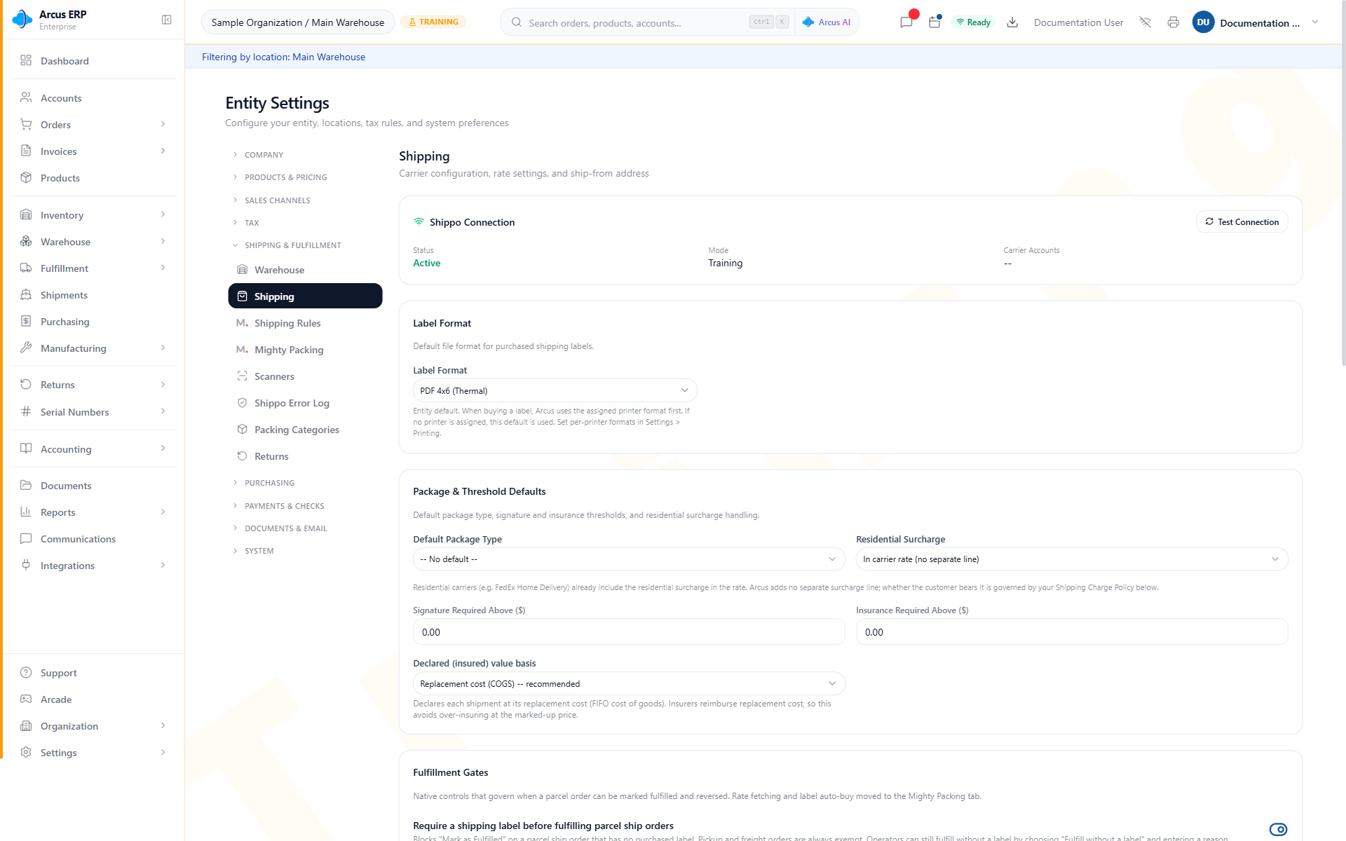Shipping settings with Shippo connection, label format, package and threshold defaults, and fulfillment gates