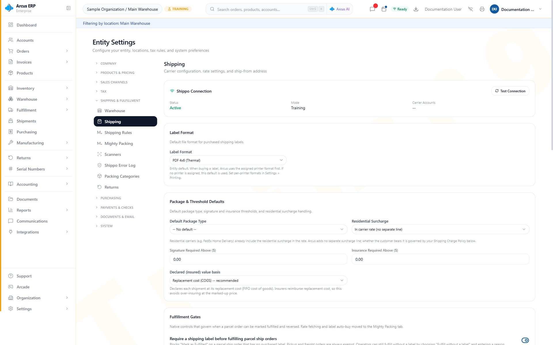 Shipping settings with Shippo connection, label format, package and threshold defaults, and fulfillment gates