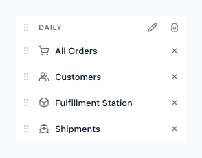 One group named Daily in the Home editor. The heading row has a drag handle, the group name, a pencil button and a trash can button. Below it, every page shows a drag handle, its icon and name, and an X button.