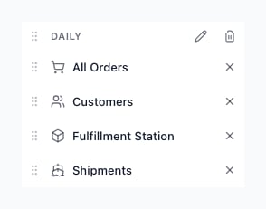 One group named Daily in the Home editor. The heading row has a drag handle, the group name, a pencil button and a trash can button. Below it, every page shows a drag handle, its icon and name, and an X button.