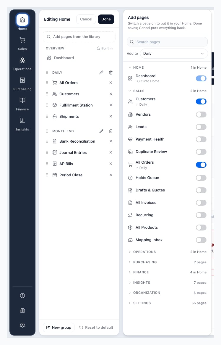 The Home panel in edit mode, titled Editing Home with Cancel and Done buttons, showing the built-in Dashboard, two groups of pages with drag handles, and the New group and Reset to default buttons at the bottom. Beside it, the Add pages card shows a search box, the Add to group list, and each department's pages with on and off switches.