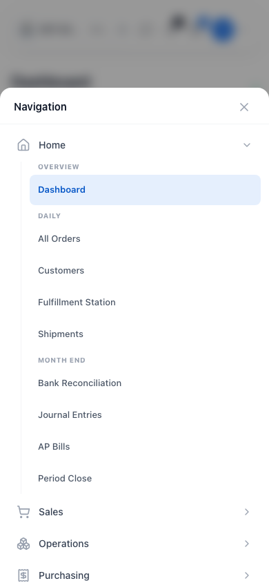 A phone screen with the Navigation sheet open over the page, titled Navigation with a close button. The Home section is open, showing the Dashboard under Overview, then the groups Daily and Month end with their pages as links. The other departments are listed below.