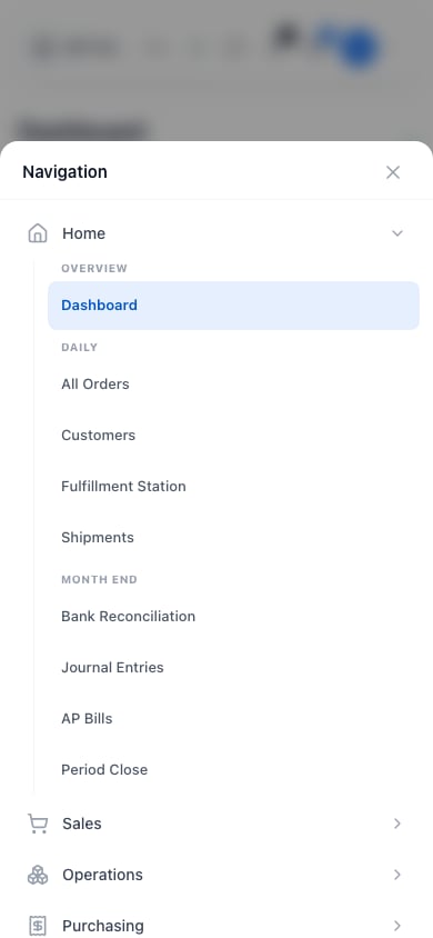 A phone screen with the Navigation sheet open over the page, titled Navigation with a close button. The Home section is open, showing the Dashboard under Overview, then the groups Daily and Month end with their pages as links. The other departments are listed below.
