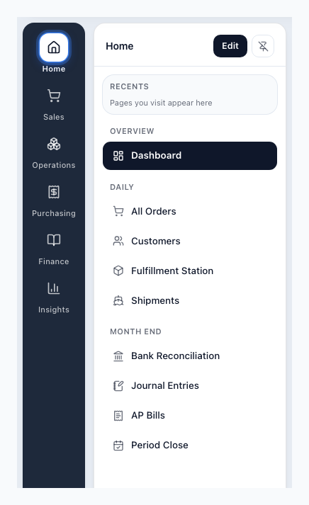 The Home panel beside the department rail, with a Recents box, the Dashboard under Overview, and two groups named Daily and Month end that each list their pages. An Edit button and a pin button sit at the top right of the panel.