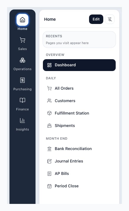 The Home panel beside the department rail, with a Recents box, the Dashboard under Overview, and two groups named Daily and Month end that each list their pages. An Edit button and a pin button sit at the top right of the panel.