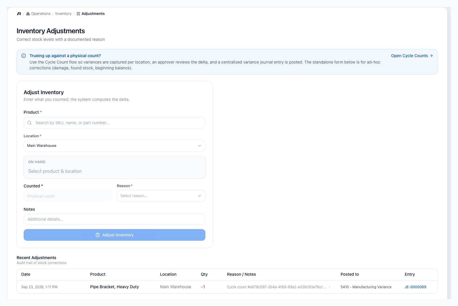 Inventory Adjustments page with the Trueing up against a physical count banner, the Adjust Inventory form with product, location, on hand, counted, reason and notes, and the Recent Adjustments table with Posted to and Entry columns