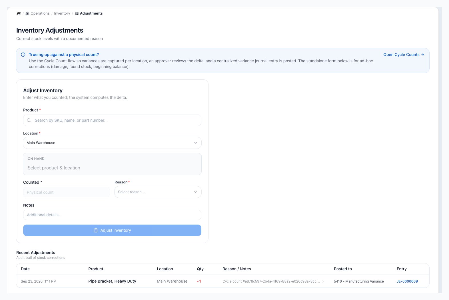Inventory Adjustments page with the Trueing up against a physical count banner, the Adjust Inventory form with product, location, on hand, counted, reason and notes, and the Recent Adjustments table with Posted to and Entry columns