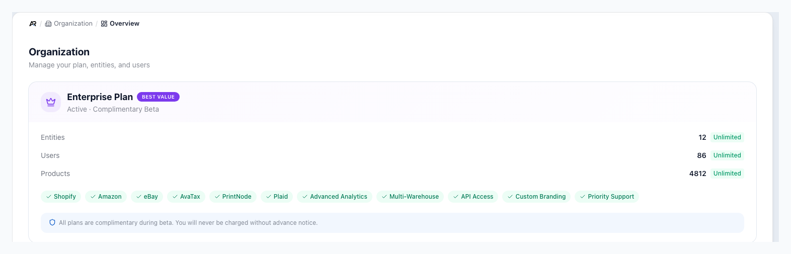 A screenshot of the Overview workbench, on a sample company.