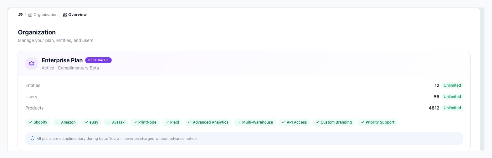 A screenshot of the Overview workbench, on a sample company.