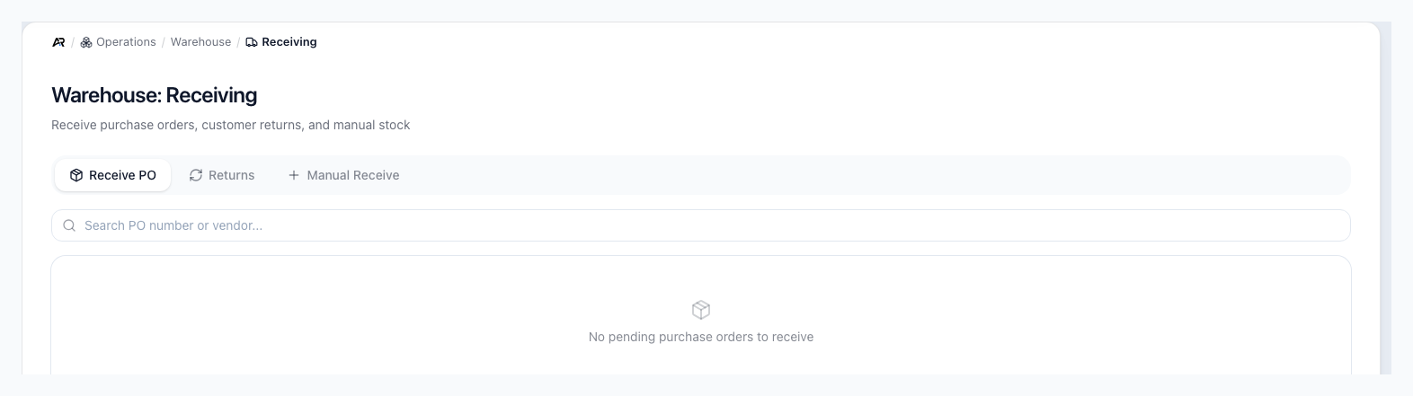 Receiving screen with the Receive PO, Returns and Manual Receive modes, a search box for PO number or vendor, and the empty state when no purchase orders are waiting