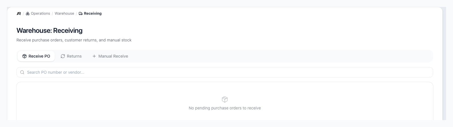 Receiving screen with the Receive PO, Returns and Manual Receive modes, a search box for PO number or vendor, and the empty state when no purchase orders are waiting