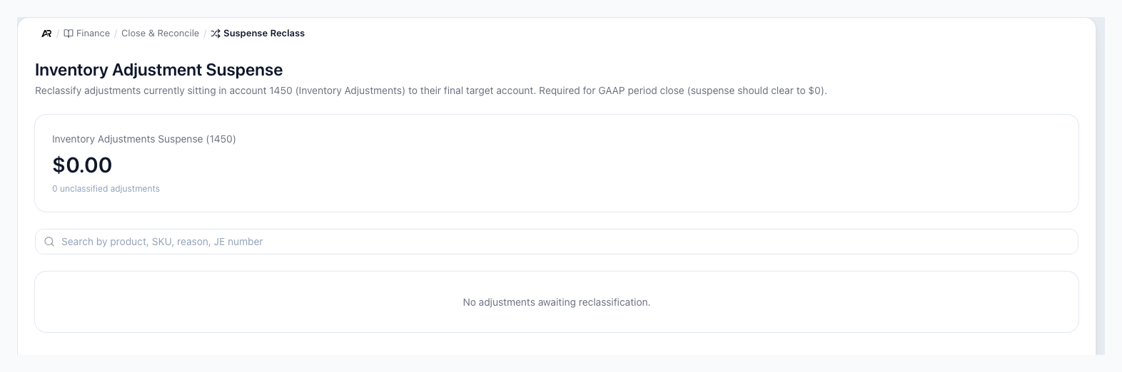 A screenshot of the Suspense Reclass workbench, on a sample company.
