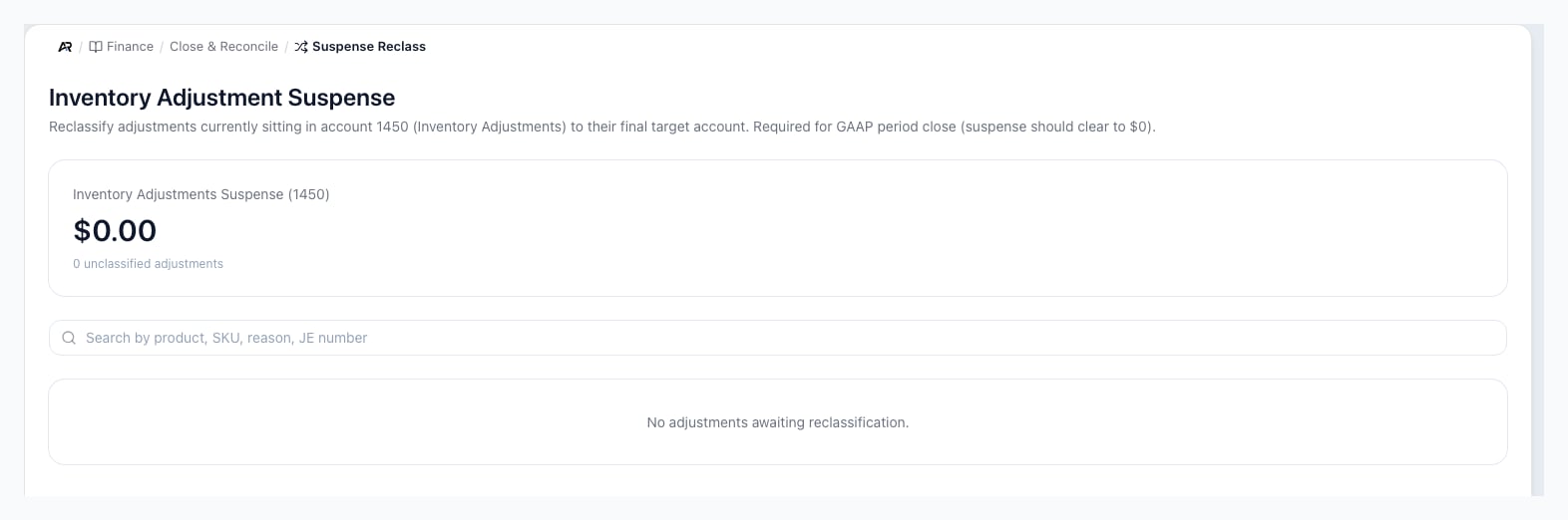 A screenshot of the Suspense Reclass workbench, on a sample company.