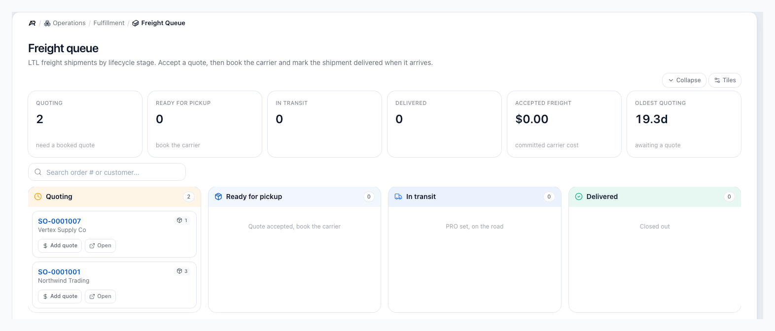 A screenshot of the Freight Queue workbench, on a sample company.