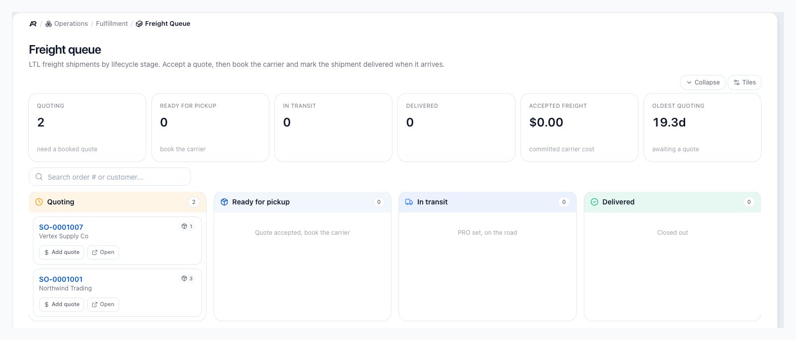 A screenshot of the Freight Queue workbench, on a sample company.