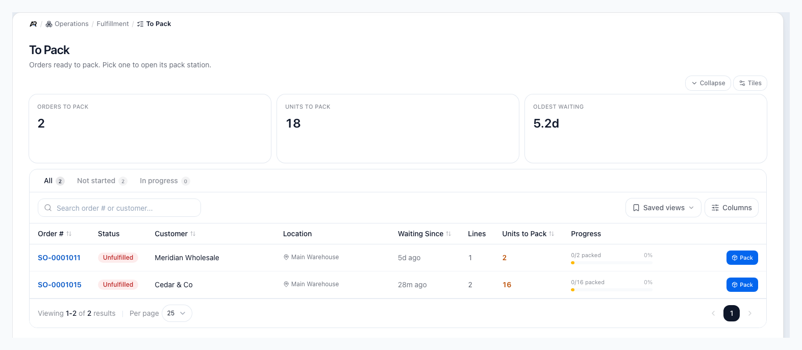 A screenshot of the To Pack workbench, on a sample company.