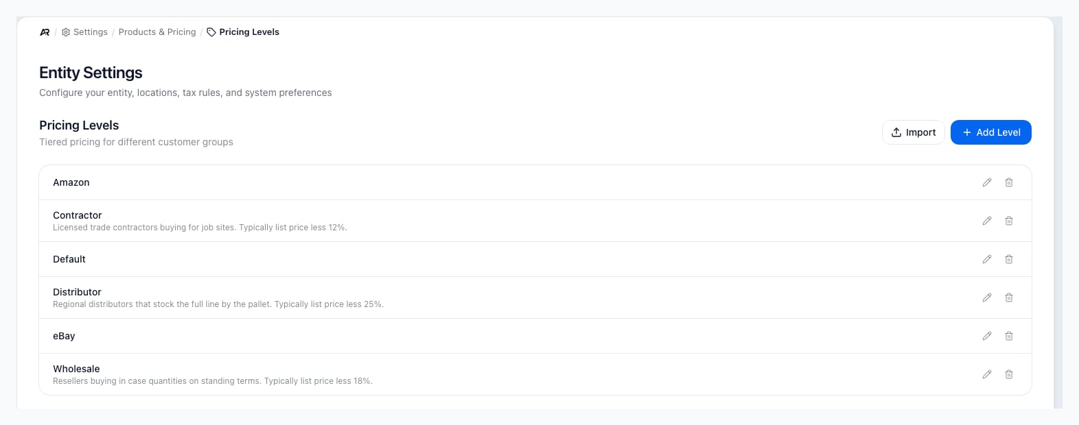 A screenshot of the Pricing Levels workbench, on a sample company.