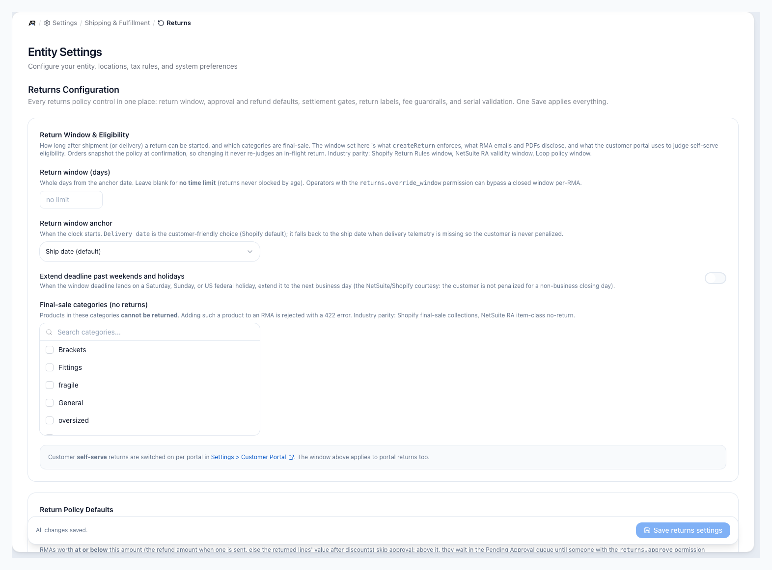 A screenshot of the Returns workbench, on a sample company.