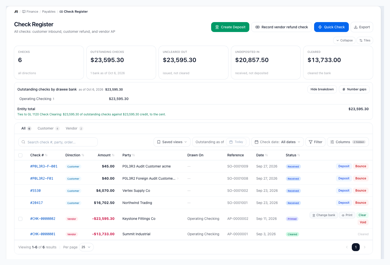 The Check Register showing the Create Deposit, Record vendor refund check and Quick Check buttons, the outstanding checks tied to the check clearing account, and customer and vendor checks with Deposit, Bounce, Print, Clear and Void actions.