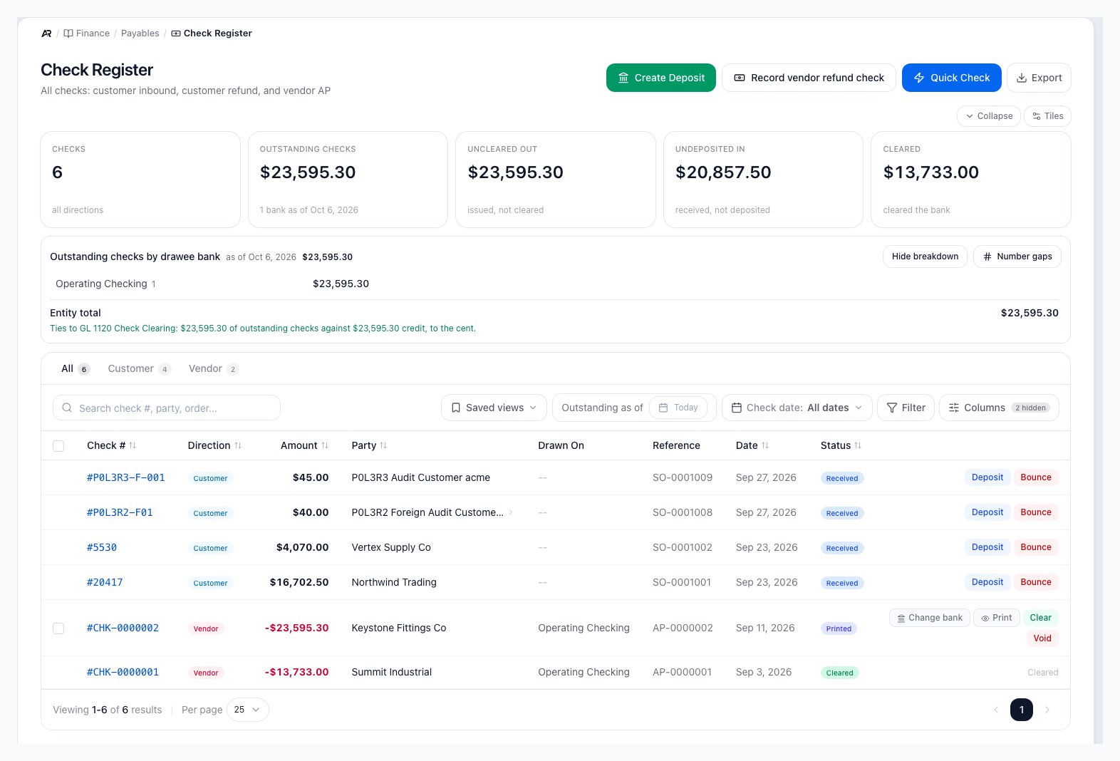 The Check Register showing the Create Deposit, Record vendor refund check and Quick Check buttons, the outstanding checks tied to the check clearing account, and customer and vendor checks with Deposit, Bounce, Print, Clear and Void actions.