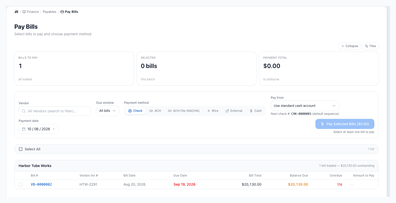 The Pay Bills screen showing the Bills to Pay, Selected and Payment Total tiles, a Vendor filter, a Due window filter, six payment method buttons with Check chosen, a Pay from bank list, a Payment date, the Pay Selected Bills button disabled, and one vendor group holding a single open bill.