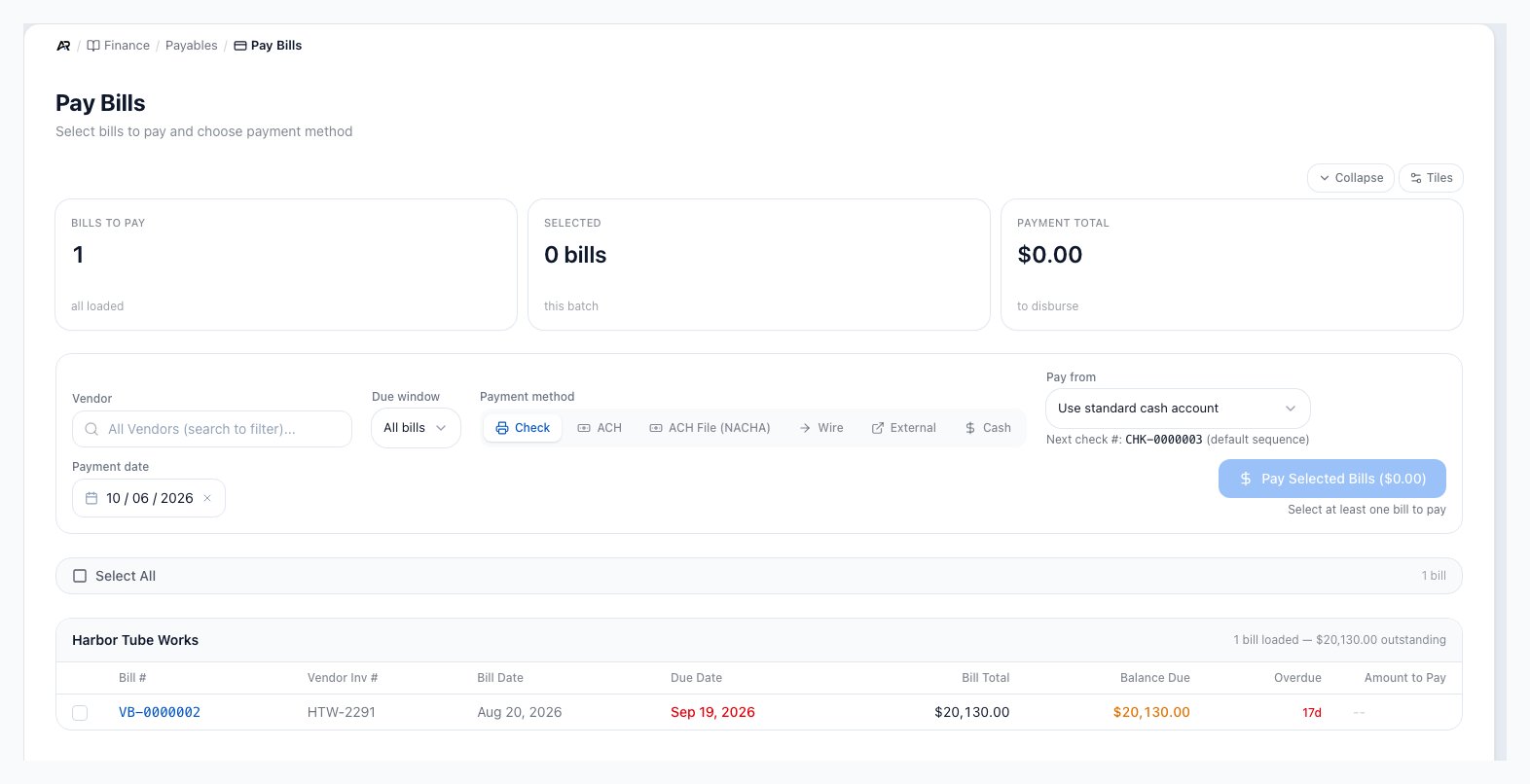 The Pay Bills screen showing the Bills to Pay, Selected and Payment Total tiles, a Vendor filter, a Due window filter, six payment method buttons with Check chosen, a Pay from bank list, a Payment date, the Pay Selected Bills button disabled, and one vendor group holding a single open bill.