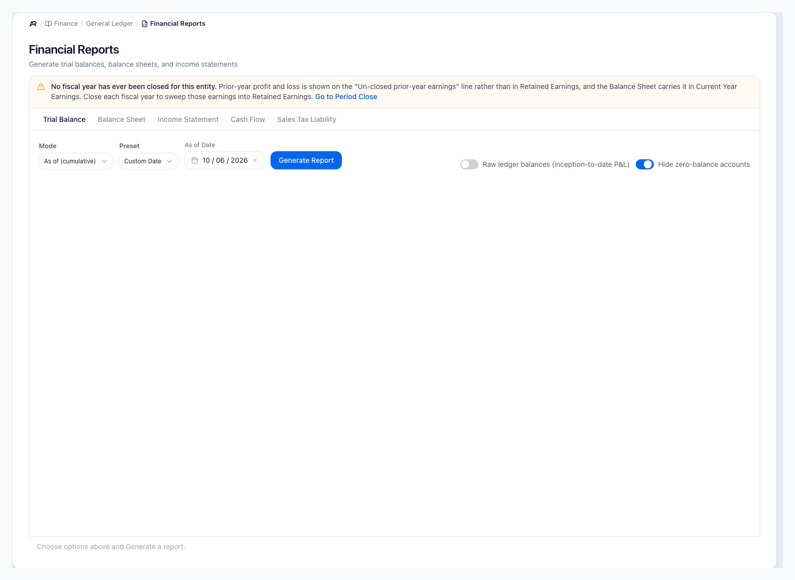 The Financial Reports page with the five report tabs, the Mode, Preset and As of Date controls beside Generate Report, and the two Trial Balance switches at the right.