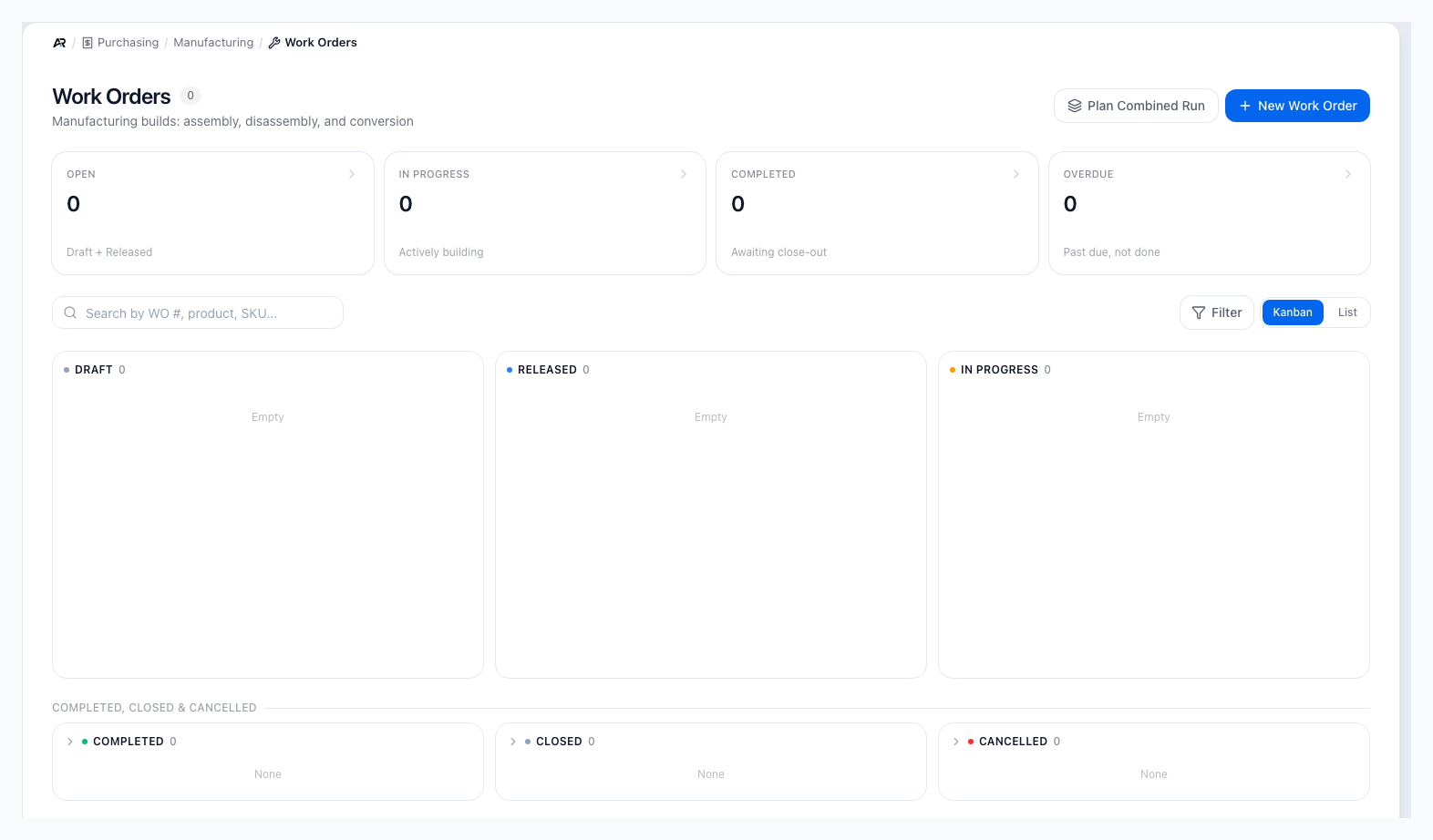 Work Orders page in Kanban view with Plan Combined Run and New Work Order buttons, four summary cards, search, filter, and empty Draft, Released and In Progress lanes