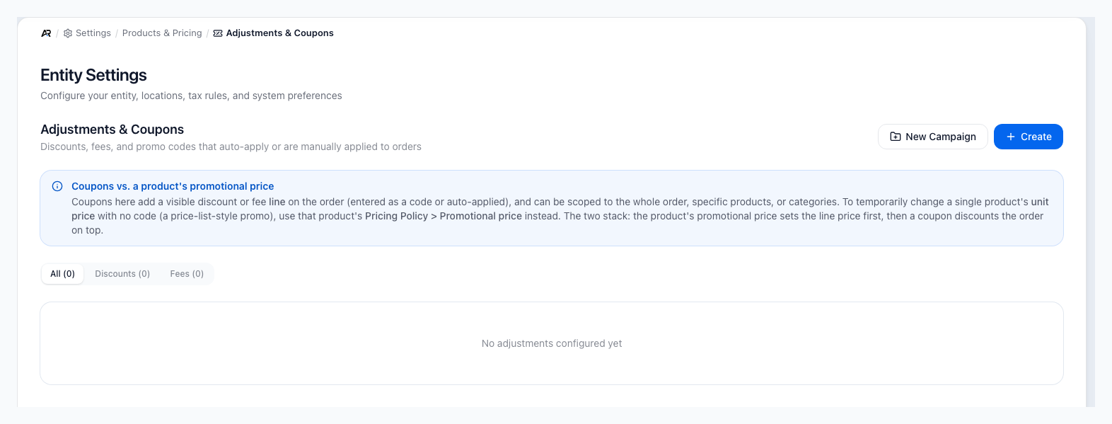 Adjustments and Coupons settings page showing filters and the Create Adjustment modal