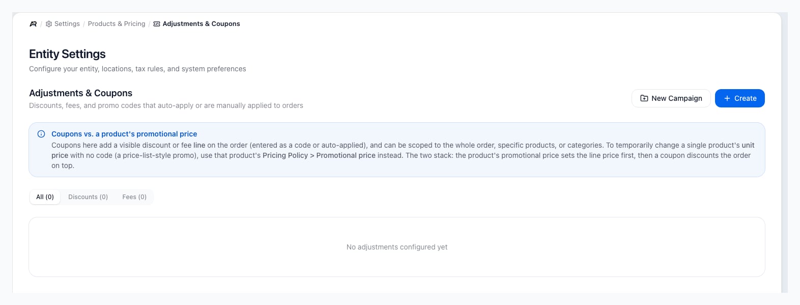 Adjustments and Coupons settings page showing filters and the Create Adjustment modal