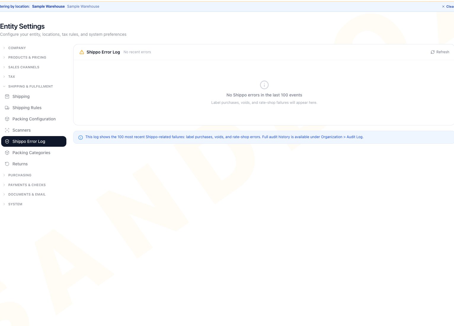 Entity Settings Shippo Error Log with an empty filtered result, Refresh, and audit-log guidance